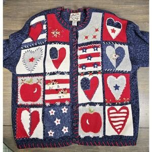 VTG Heirloom Collectibles Women Red/Wht/Blue Cottagecore Embroidered Cardigan XL